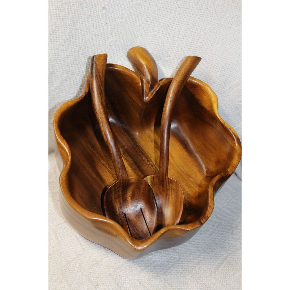 Monkey Pod Wood Salad Bowl With Utensils (Pre-Owned) (Please Read)